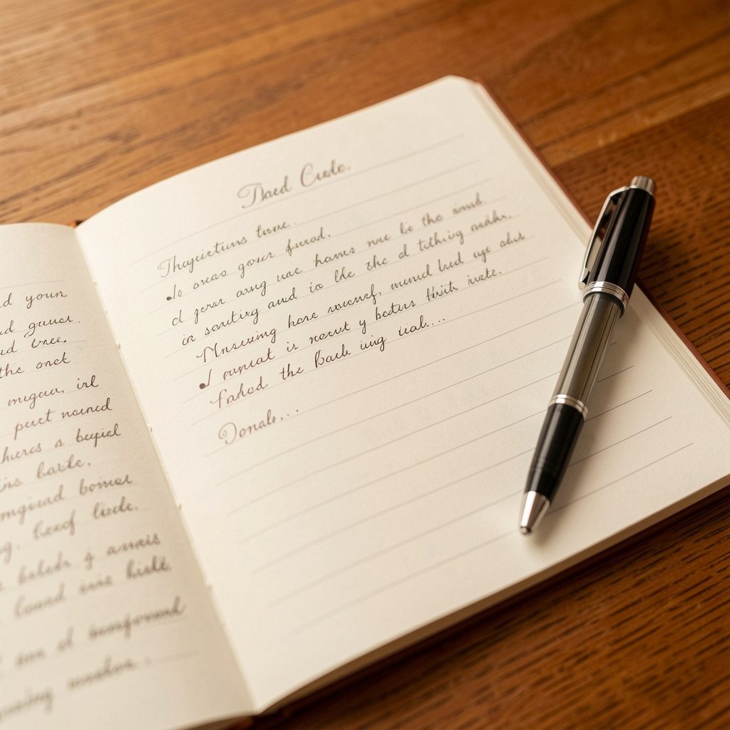 Journal and pen on wooden table symbolizing daily reflection and self-awareness practice