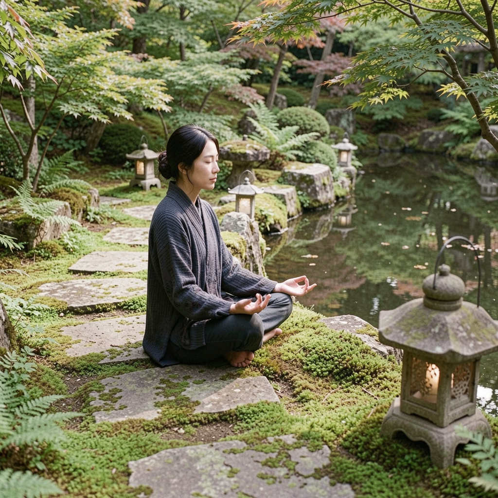 Peaceful scene of person practicing mindfulness in serene garden setting