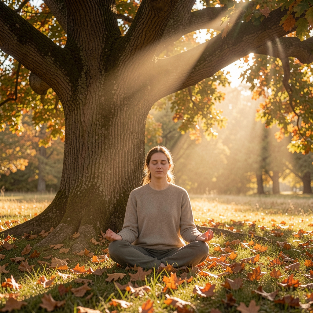 Person meditating in peaceful natural environment reflecting inner balance and life quality